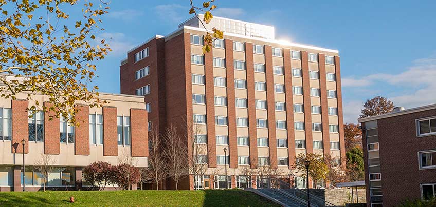 View of Higgins Hall from the lower quad