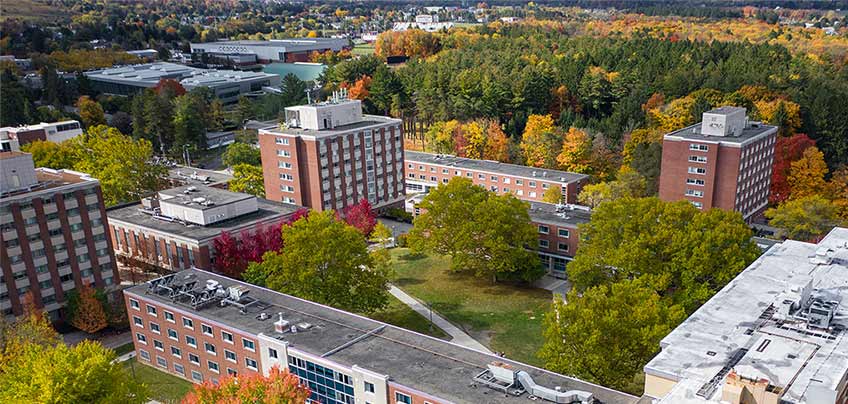 Aerial photo of the Bishop and Shea Hall quad on a sunny day.