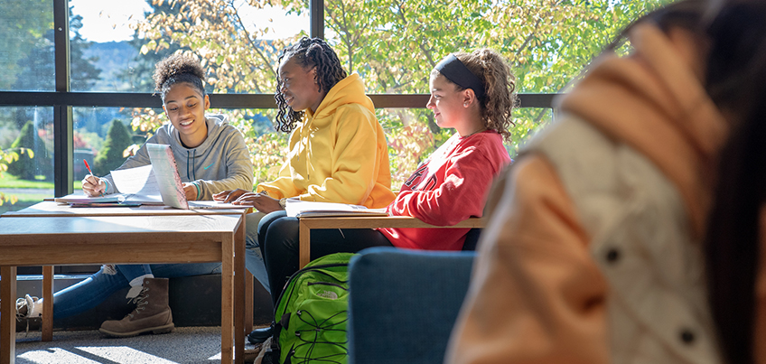 Students working together on a laptop in Memorial Library