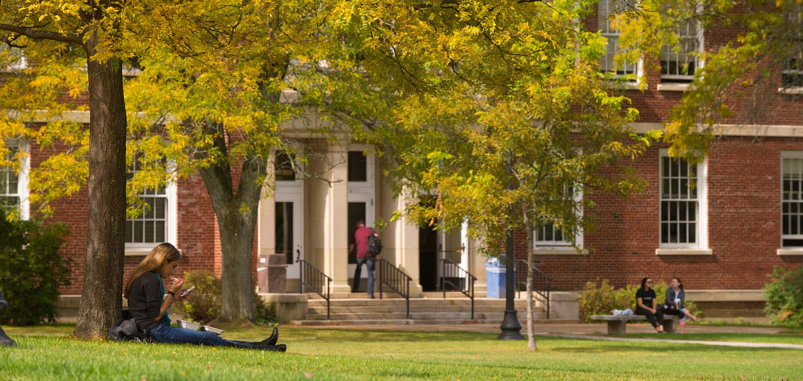 Student studying under a tree in front of Moffett Center