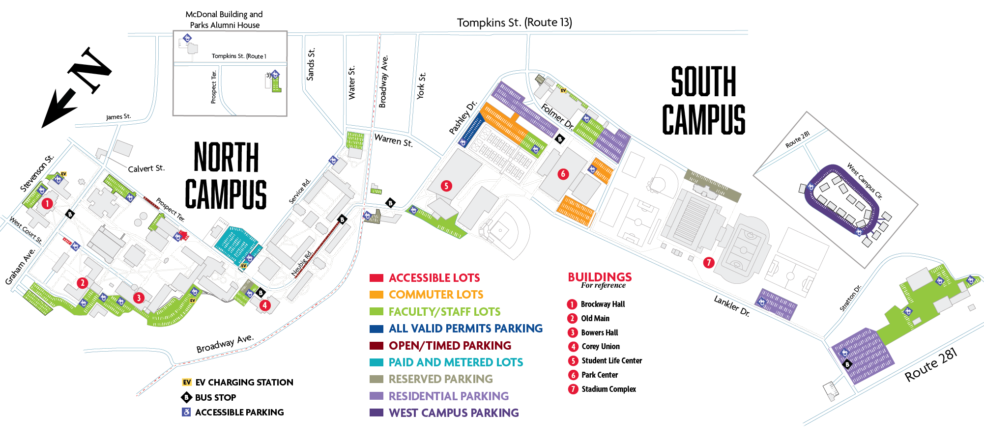 Map of parking lots across North and South Campus