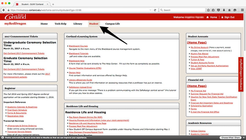 Screenshot of myRedDragon Student tab