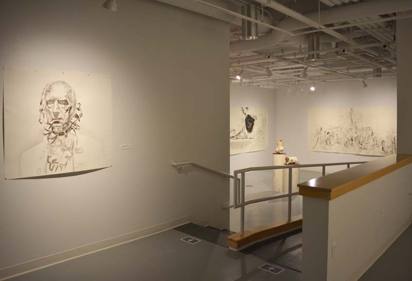 A view into the west gallery featuring Andrew Ellis Johnson's works on paper and cultured marble sculptures as part of the 'Founder' exhibition.