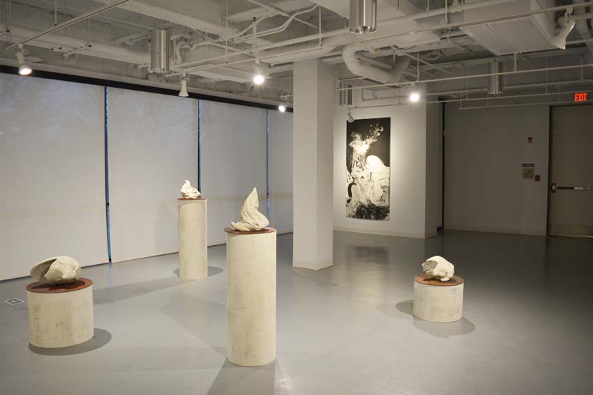 A view into the central gallery featuring Andrew Ellis Johnson's cultured marble sculptures and mixed media drawing on paper as part of the 'Founder' exhibition.