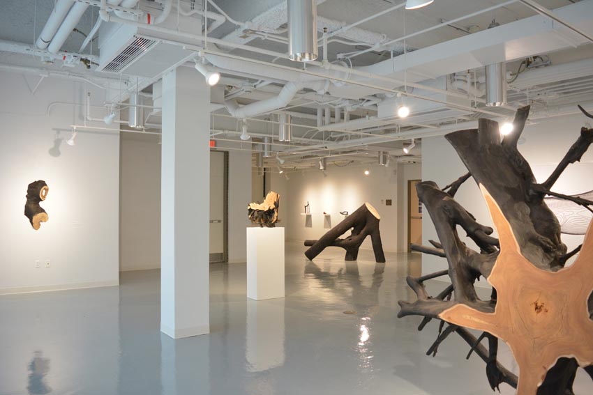 View into the central gallery at Dowd Gallery featuring sculptural objects produced by Ithaca-based sculptor Jack Elliott.