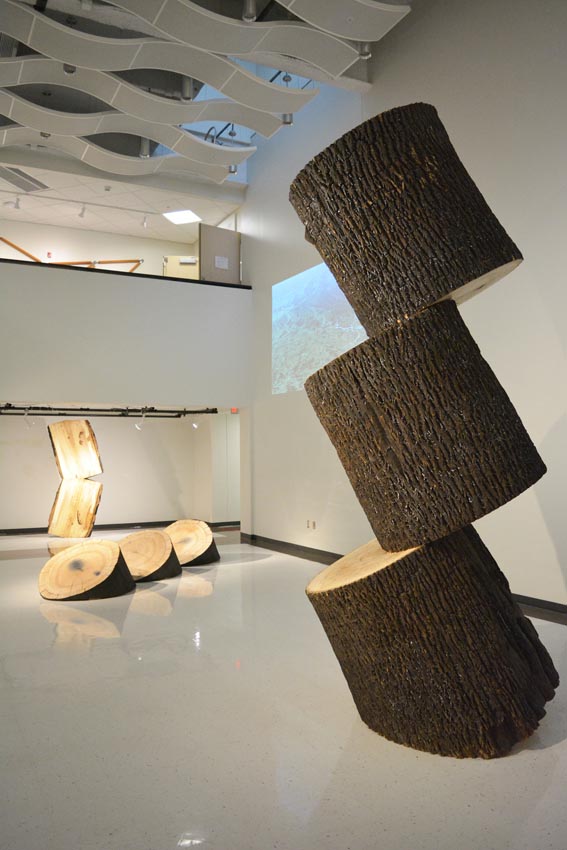 View into the Critique Space/Sculpture Pit at Dowd Fine Arts Center featuring large-scale objects produced by Ithaca-based sculptor Jack Elliott.