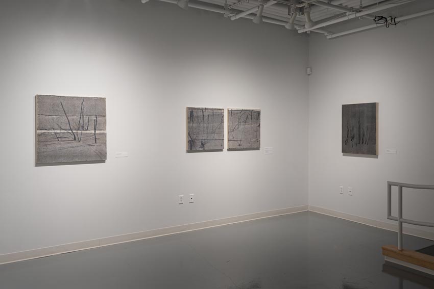 View into the east interior of Dowd Gallery featuring small format drawings and paintings by Binghamton-based artist Natalija Mijatović. Image: Marcus Newton. 