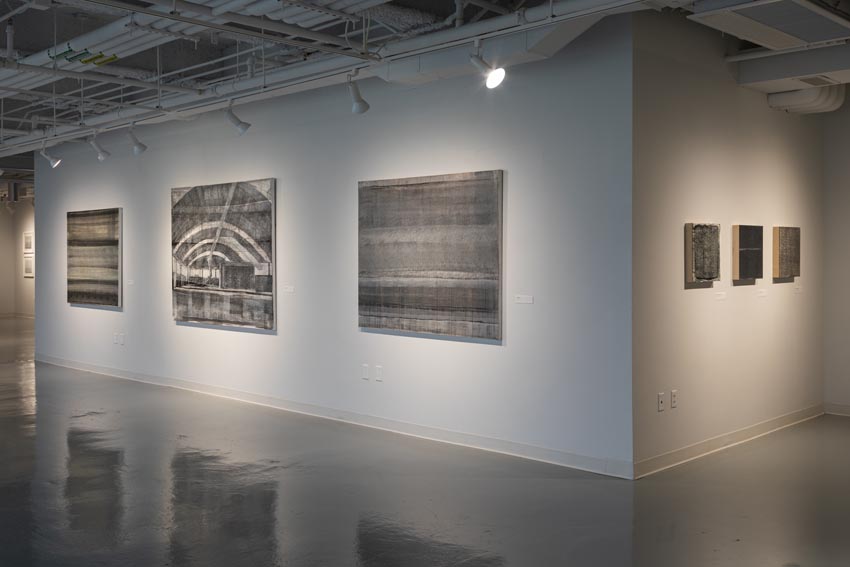 View into the central interior at Dowd Gallery featuring paintings by Binghamton-based artist Natalija Mijatović. Image: Marcus Newton. 