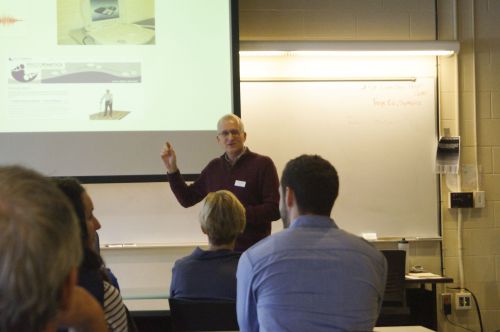 Professor Jeff Bauer speaks in biomechanics lab