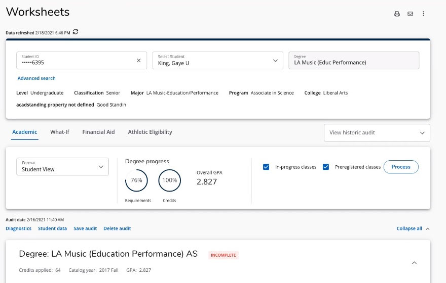 Degreeworks interface showing sample student information